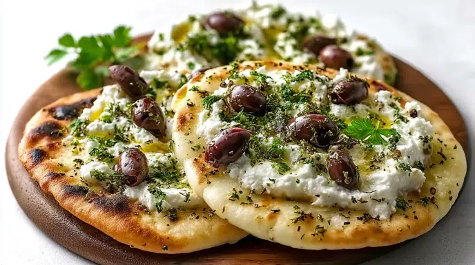 Zaatar naan topped with creamy whipped feta, olives, and a sprinkle of zaatar seasoning, served warm and golden.