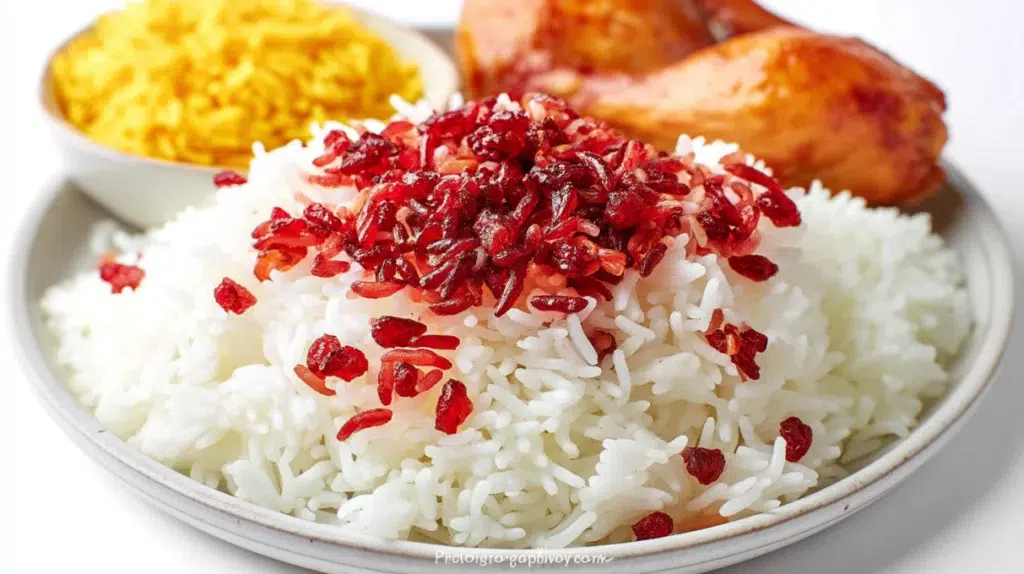 Zereshk Polo barberry rice served with fluffy saffron rice, vibrant barberries, and garnished with pistachios and almonds.