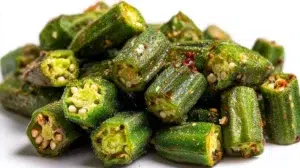 Crispy air fryer okra seasoned with spices and cooked until golden brown, served as a healthy snack or side dish.