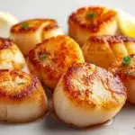 Air fryer scallops cooked until golden on the outside and tender inside, garnished with fresh herbs and lemon wedges.