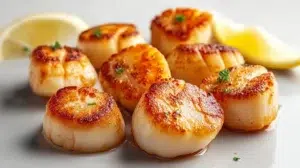 Air fryer scallops cooked until golden on the outside and tender inside, garnished with fresh herbs and lemon wedges.