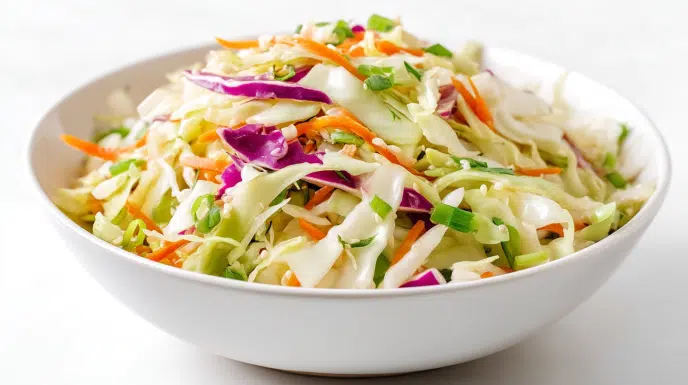 Asian cabbage salad with shredded cabbage, carrots, green onions, and sesame dressing topped with crunchy almonds and sesame seeds
