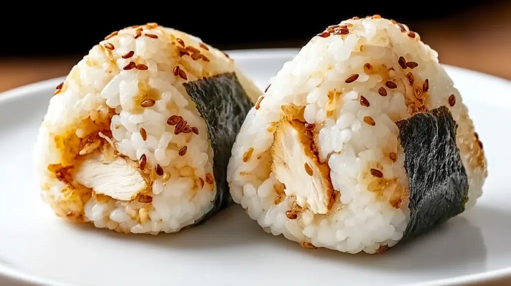 Chicken onigiri made with seasoned rice shaped into triangles and filled with savory chicken, wrapped in roasted seaweed.