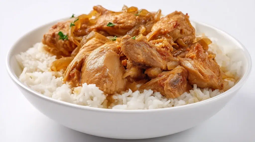 Chicken Yassa with tender marinated chicken, caramelized onions, and lemon sauce served over rice