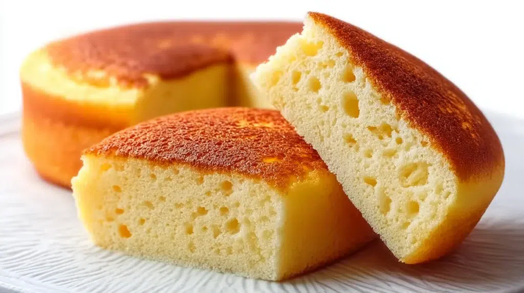 Chinese egg cake with a light fluffy texture and golden top served on a plate