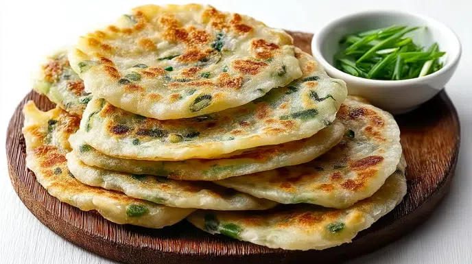 Chinese scallion pancakes pan-fried until crispy and golden with flaky layers and fresh green onions.