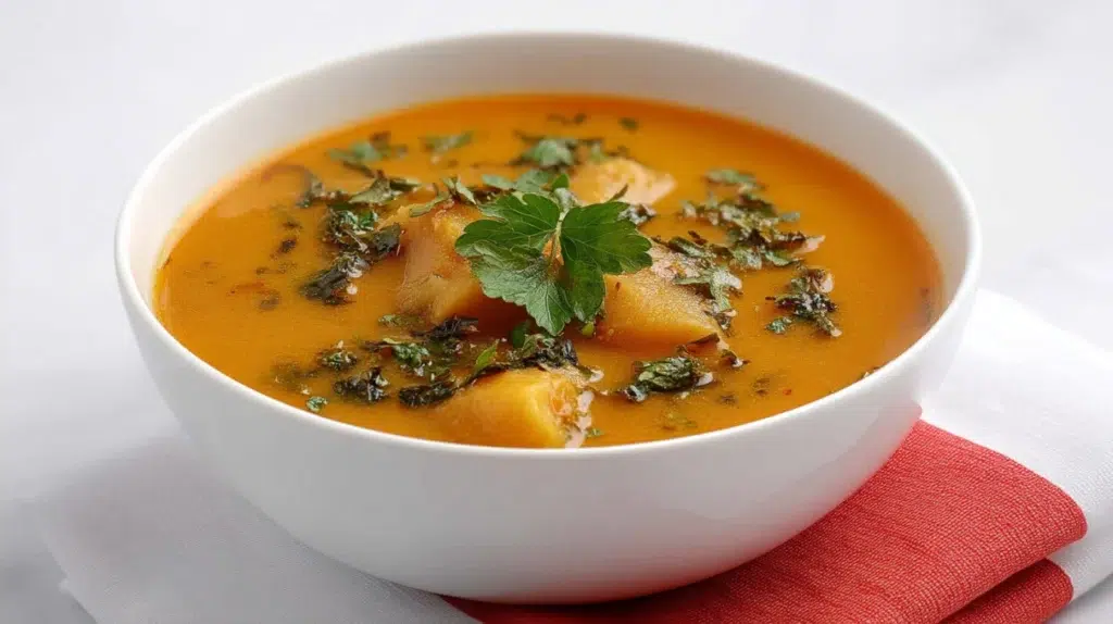 Cocoyam soup made with tender cocoyam, leafy greens, and a rich, flavorful broth, served hot in a bowl.