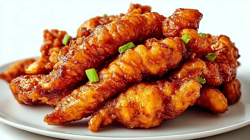 Dragon Chicken with crispy fried chicken strips coated in a spicy sweet sauce and garnished with sesame seeds and green onions