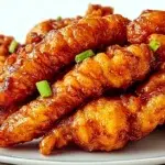 Dragon Chicken with crispy fried chicken strips coated in a spicy sweet sauce and garnished with sesame seeds and green onions