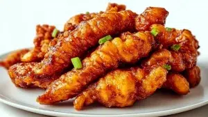 Dragon Chicken with crispy fried chicken strips coated in a spicy sweet sauce and garnished with sesame seeds and green onions