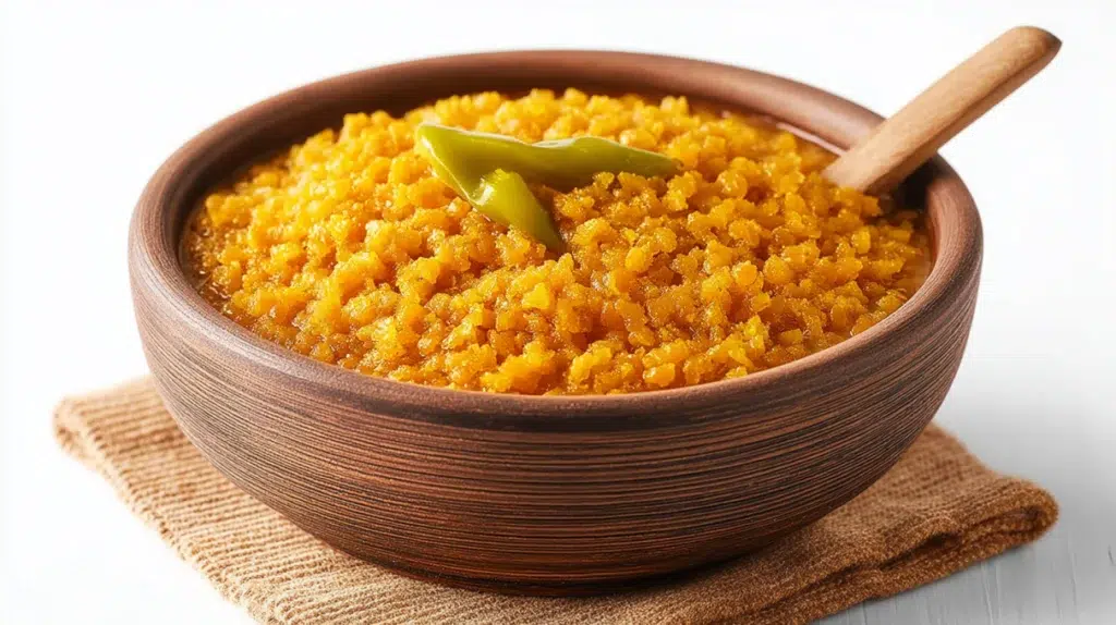 Ethiopian Kik Alicha made with tender yellow split peas simmered in a mild turmeric-spiced sauce and garnished with fresh herbs.