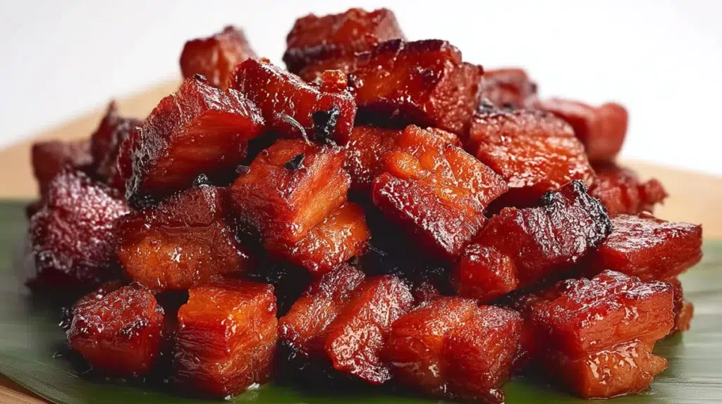 Filipino pork tocino made with tender caramelized pork slices glazed with a sweet and savory marinade, served with steamed rice.