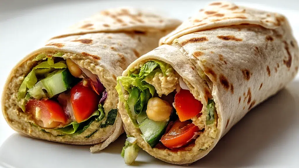 Hummus wraps filled with fresh vegetables, creamy hummus, and leafy greens wrapped in a soft tortilla