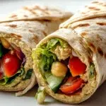Hummus wraps filled with fresh vegetables, creamy hummus, and leafy greens wrapped in a soft tortilla