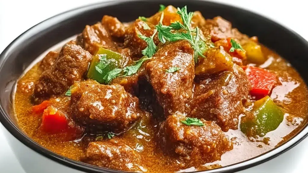 Instant Pot African lamb stew with tender lamb, vegetables, and a rich tomato-based sauce served in a bowl