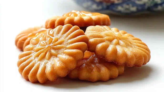 Korean honey cookies with a golden crisp exterior coated in sweet honey syrup and sesame seeds