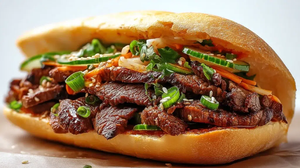 Korean steak sandwich made with tender marinated steak, fresh vegetables, and a flavorful Korean-inspired sauce on toasted bread.
