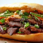 Korean steak sandwich made with tender marinated steak, fresh vegetables, and a flavorful Korean-inspired sauce on toasted bread.