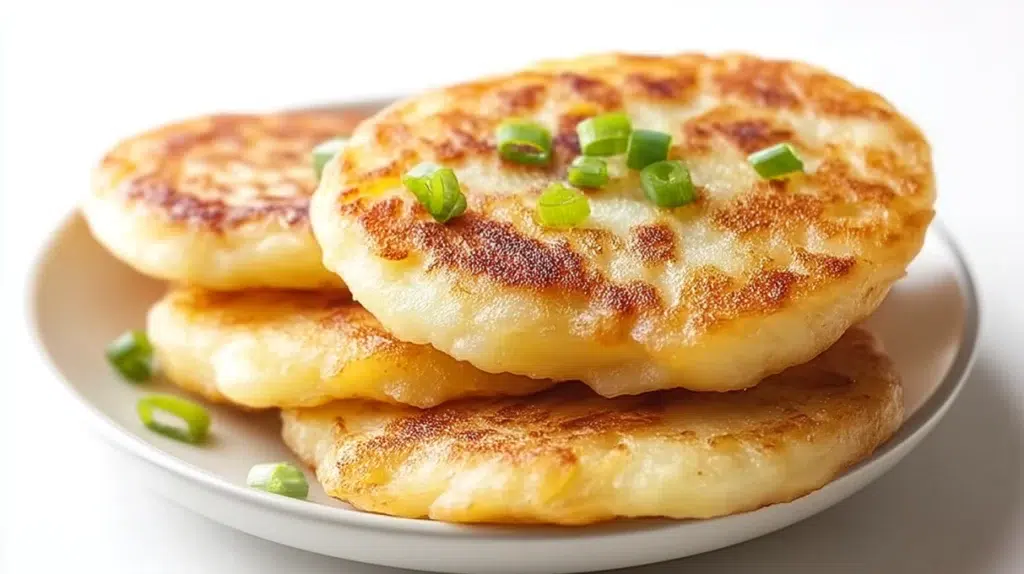 Korean potato pancakes pan-fried until crispy and golden, served with a savory dipping sauce.