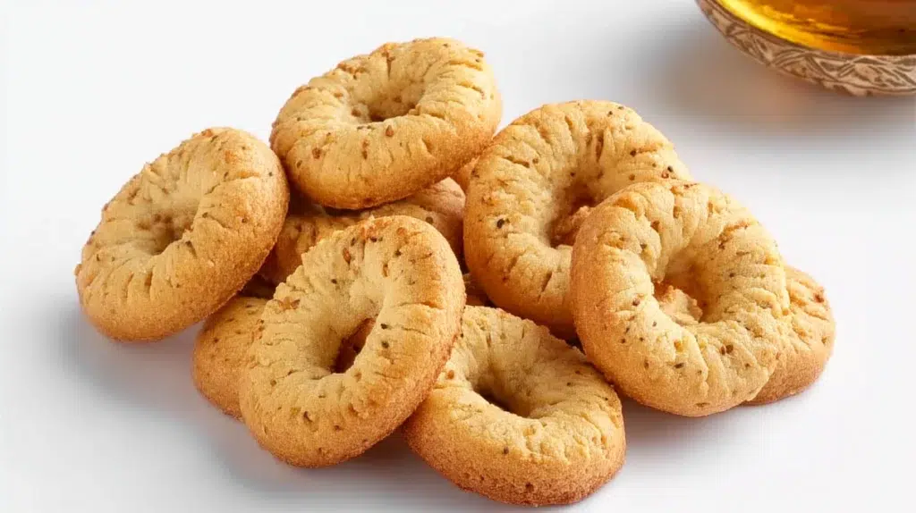 Lebanese kaak anise cookies baked until golden, featuring a crisp texture and a sprinkle of sesame seeds.