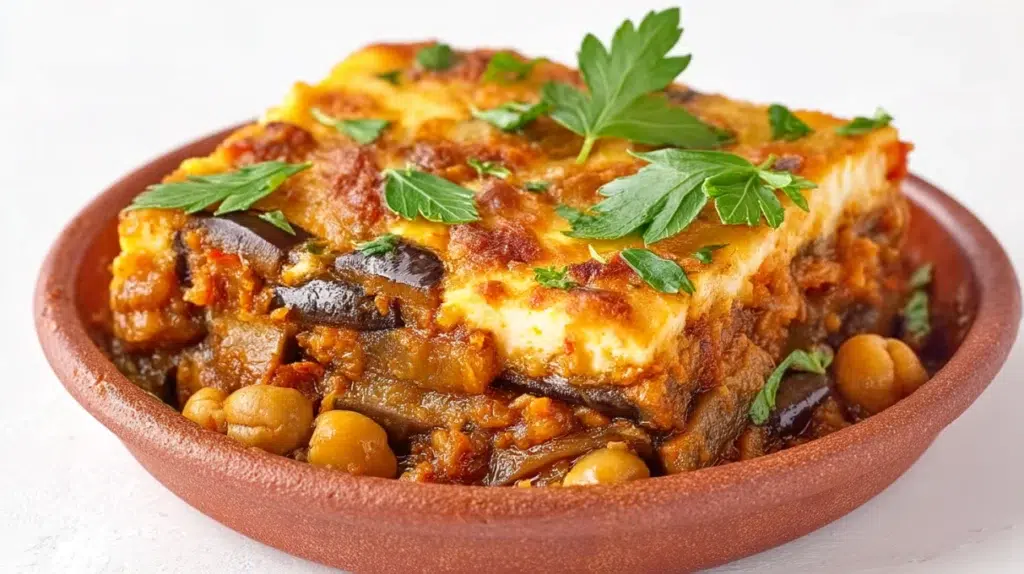 Lebanese moussaka made with tender eggplant, chickpeas, tomatoes, onions, and aromatic spices in a hearty stew.