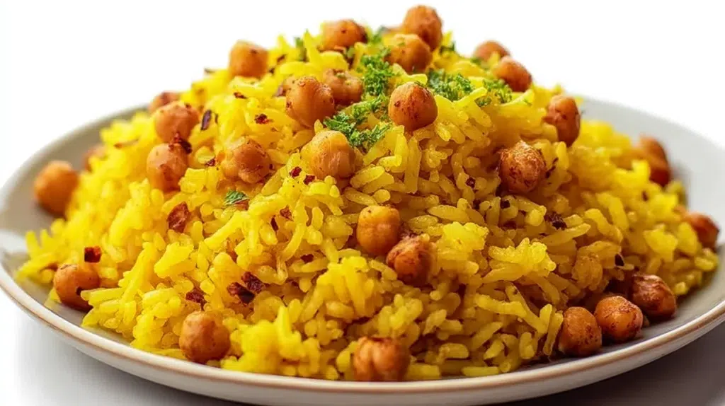 Lebanese turmeric rice with chickpeas served with fluffy golden rice, tender chickpeas, and fresh herbs.