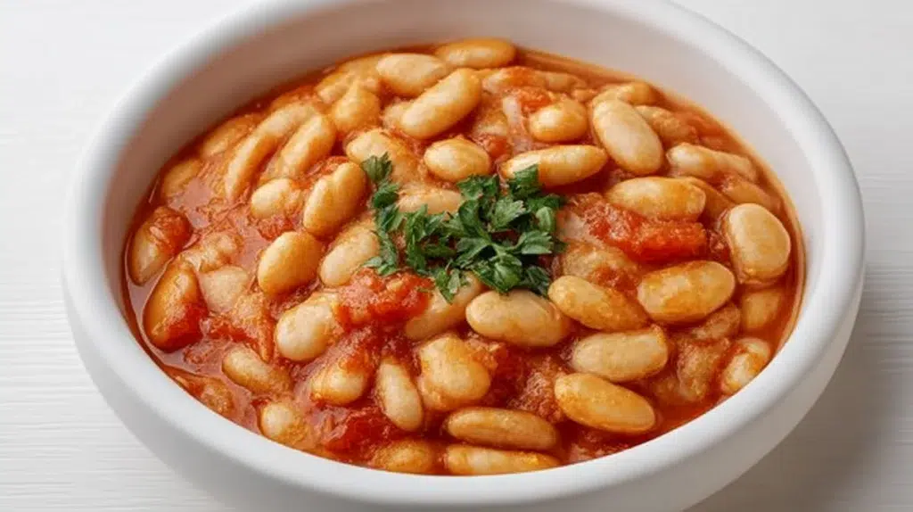Lebanese white bean stew made with tender white beans simmered in a rich tomato sauce with herbs and spices.