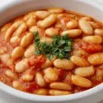 Lebanese white bean stew made with tender white beans simmered in a rich tomato sauce with herbs and spices.