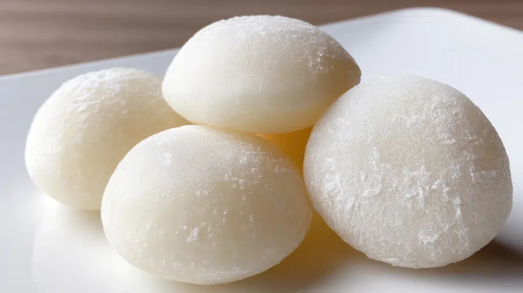 Milk mochi with a soft, chewy texture dusted with cornstarch and served in bite-sized pieces