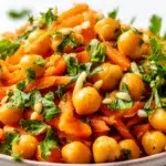 Moroccan carrot and chickpea salad with tender carrots, chickpeas, fresh herbs, and a spiced lemon dressing