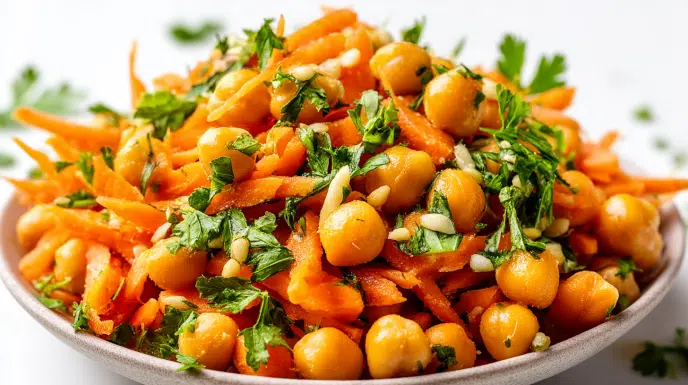 Moroccan carrot and chickpea salad with tender carrots, chickpeas, fresh herbs, and a spiced lemon dressing