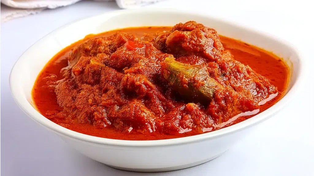 A bowl of rich, deep-red Nigerian tomato stew made with tomatoes, peppers, and onions, served alongside rice.