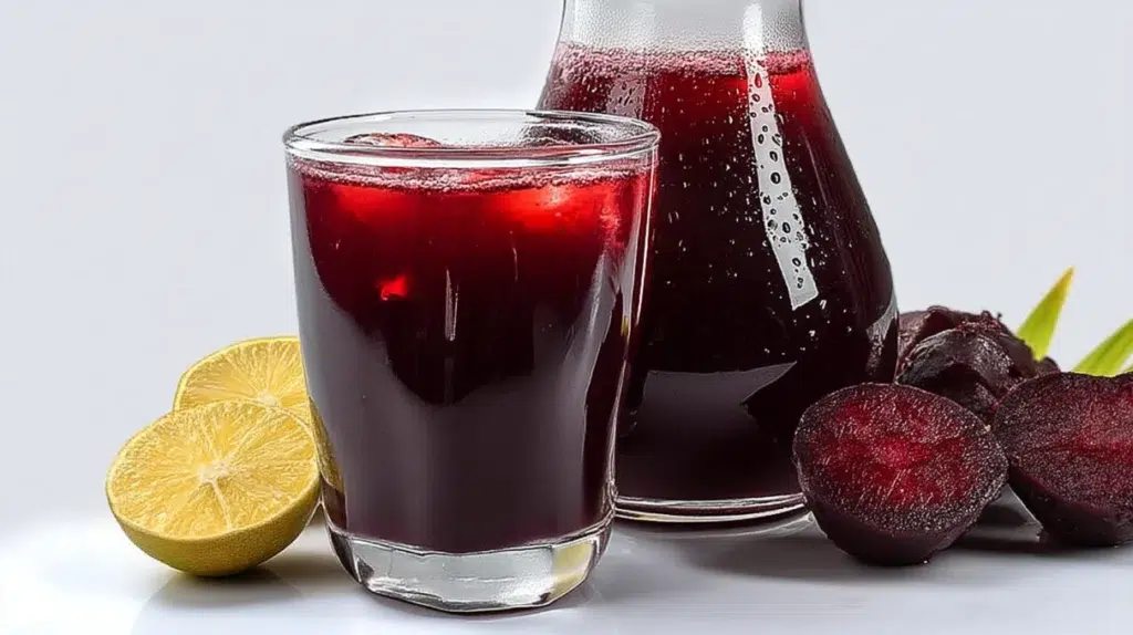 Nigerian Zobo juice served chilled with hibiscus, citrus slices, and ice in a glass