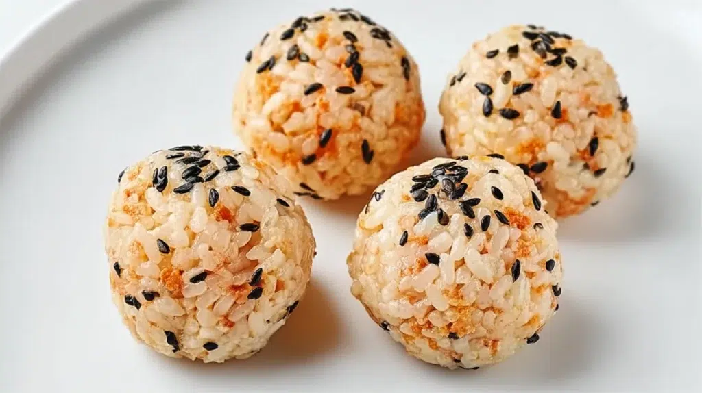 Four no-cook salmon rice balls coated in black and white sesame seeds, arranged on a white plate.