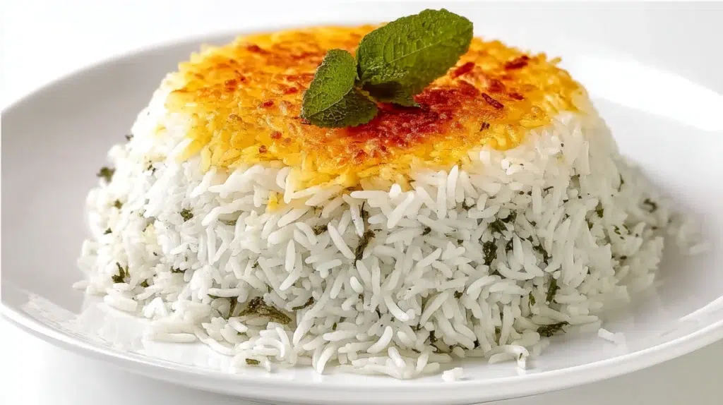 Persian rice with tahdig featuring fluffy saffron rice and a crispy golden crust served on a platter