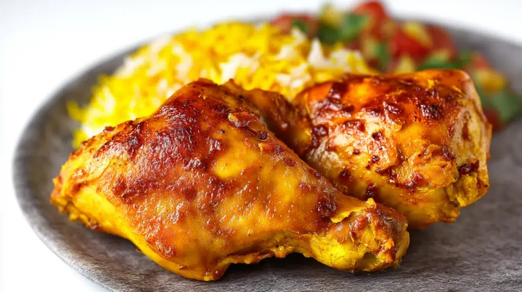Persian saffron chicken made with tender chicken simmered in a fragrant saffron sauce and garnished with fresh herbs.