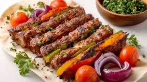 Sheet pan kebabs made with seasoned chicken and colorful vegetables roasted until tender and lightly caramelized.