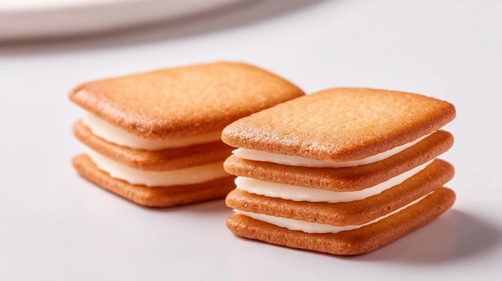 Stacked Shiroi Koibito-style white chocolate sandwich cookies with crisp langue de chat biscuits, shown on a white surface.