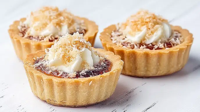 South African jam and coconut tartlets baked with a buttery pastry shell, sweet fruit jam, and a golden coconut topping.