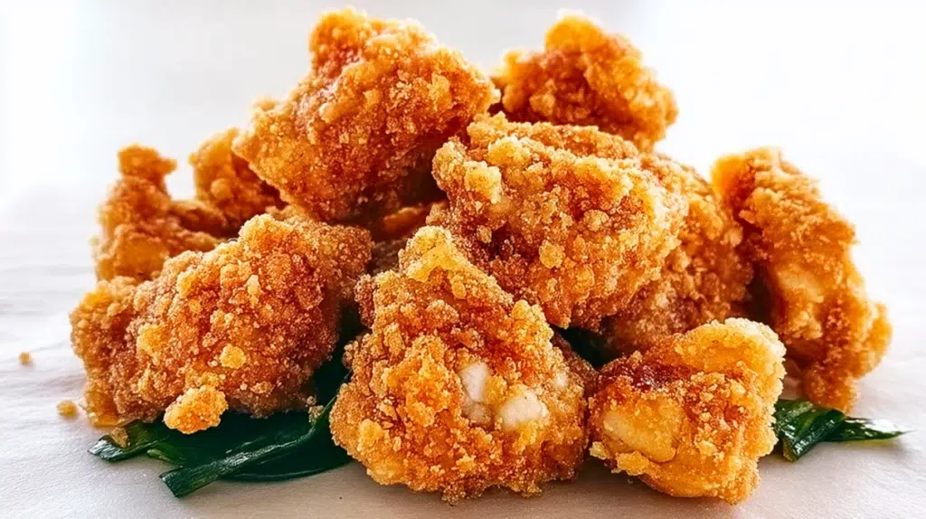 Taiwanese popcorn chicken fried until golden and crispy, seasoned with aromatic spices, and garnished with fresh basil leaves.