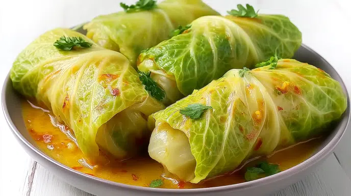Thai coconut curry cabbage rolls filled with seasoned vegetables and protein in a creamy coconut curry sauce