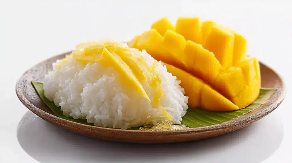 Thai mango sticky rice served with sweet coconut sticky rice, fresh ripe mango slices, and a drizzle of creamy coconut sauce.
