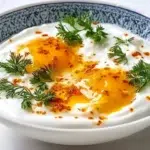 Turkish eggs served over creamy garlicky yogurt with perfectly poached eggs, drizzled with spiced butter and fresh herbs.