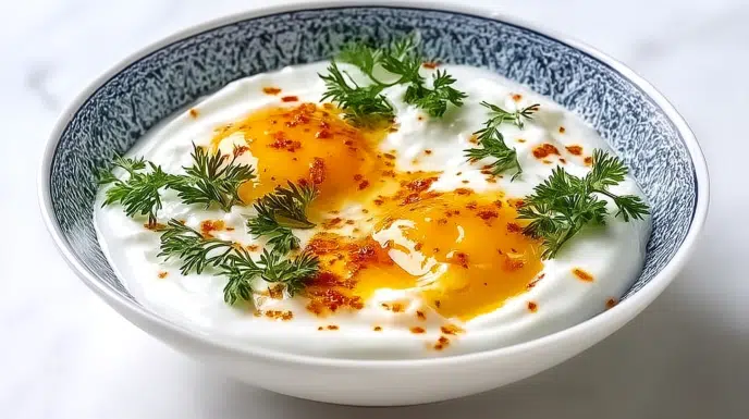 Turkish eggs served over creamy garlicky yogurt with perfectly poached eggs, drizzled with spiced butter and fresh herbs.