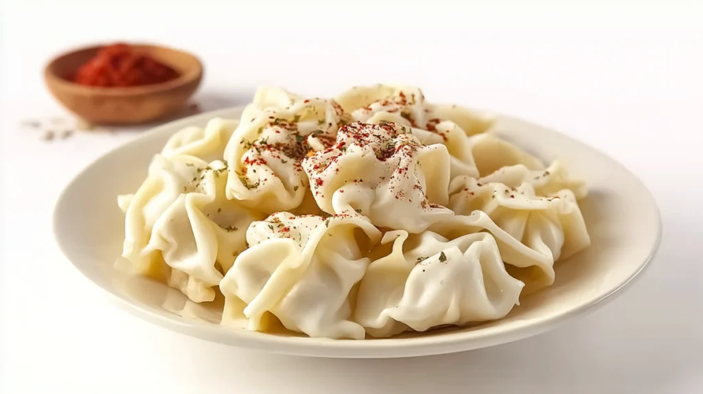 Turkish manti served with tender handmade dumplings filled with seasoned meat, topped with garlic yogurt and spiced butter sauce.