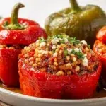 Turkish stuffed peppers filled with seasoned rice, herbs, and ground meat baked until tender