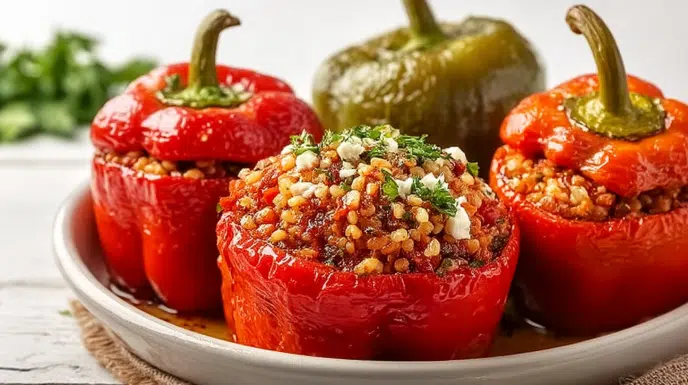 Turkish stuffed peppers filled with seasoned rice, herbs, and ground meat baked until tender