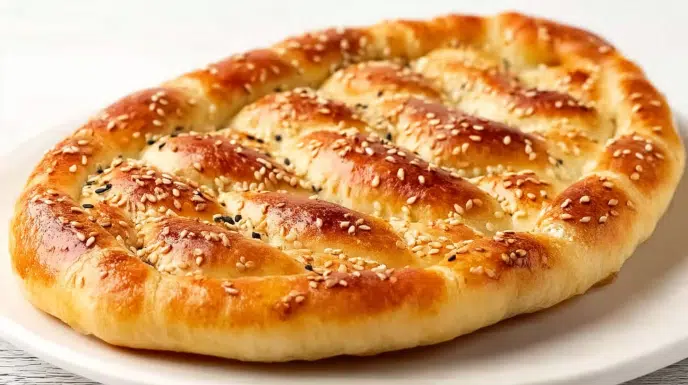 Golden-brown Turkish pide flatbread with a braided crust, topped with sesame and nigella seeds, on a white plate.