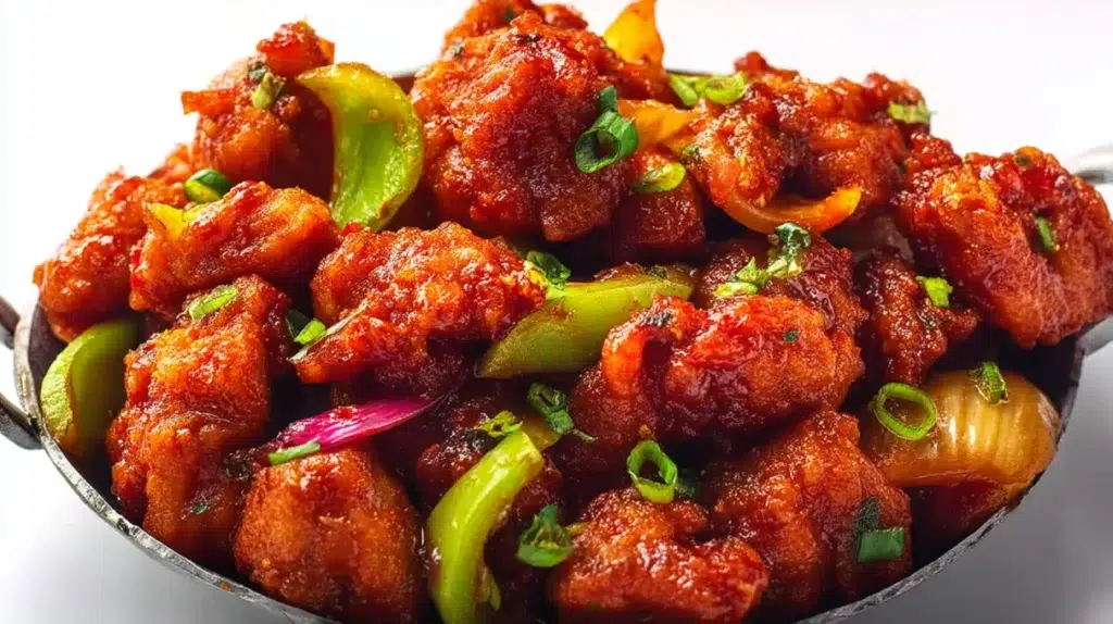 Indian chilli chicken made with crispy chicken pieces tossed in a spicy, savory sauce with peppers and onions.