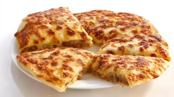 Zanzibar pizza with crispy pan-fried dough filled with seasoned meat, vegetables, egg, and melted cheese